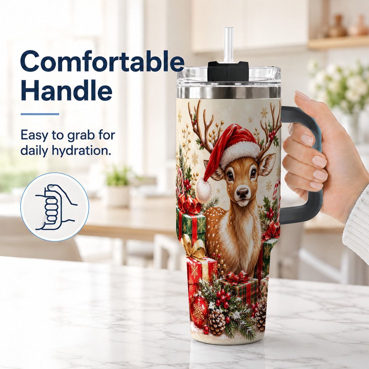 #pl[40oz|Black] Christmas Fawn 40oz Tumbler with Handle, Festive Deer Design