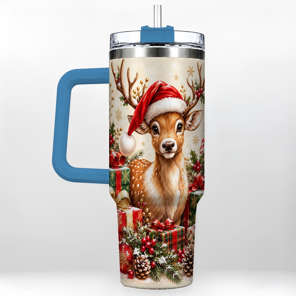 #pl[40oz|Blue] Christmas Fawn 40oz Tumbler with Handle, Festive Deer Design