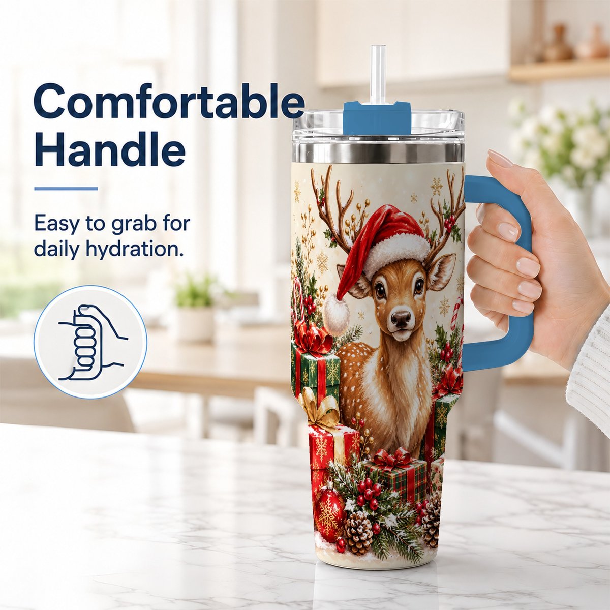 #pl[40oz|Blue] Christmas Fawn 40oz Tumbler with Handle, Festive Deer Design