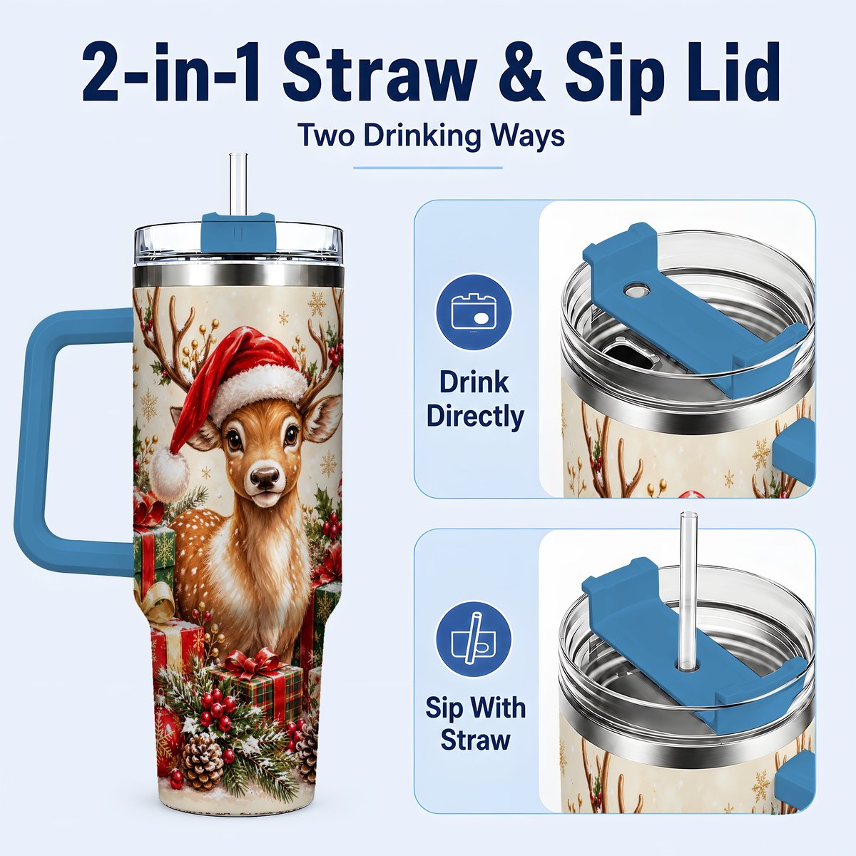 #pl[40oz|Blue] Christmas Fawn 40oz Tumbler with Handle, Festive Deer Design