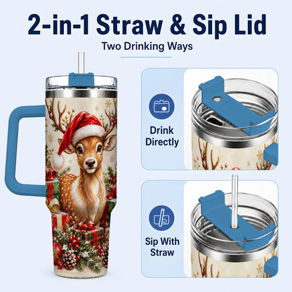 #pl[40oz|Blue] Christmas Fawn 40oz Tumbler with Handle, Festive Deer Design