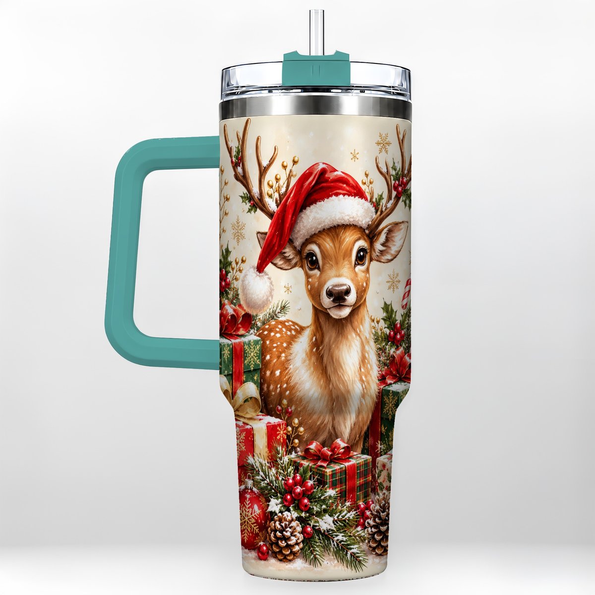 #pl[40oz|Green] Christmas Fawn 40oz Tumbler with Handle, Festive Deer Design