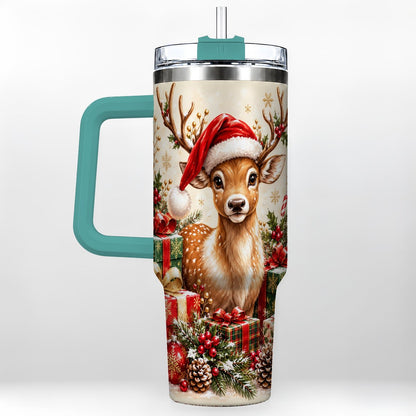 #pl[40oz|Green] Christmas Fawn 40oz Tumbler with Handle, Festive Deer Design