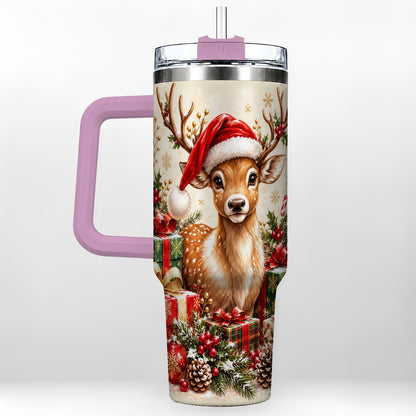#pl[40oz|Pink] Christmas Fawn 40oz Tumbler with Handle, Festive Deer Design