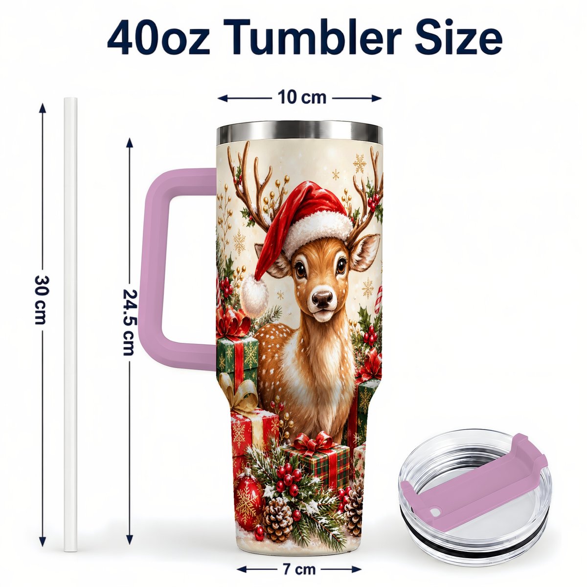#pl[40oz|Pink] Christmas Fawn 40oz Tumbler with Handle, Festive Deer Design