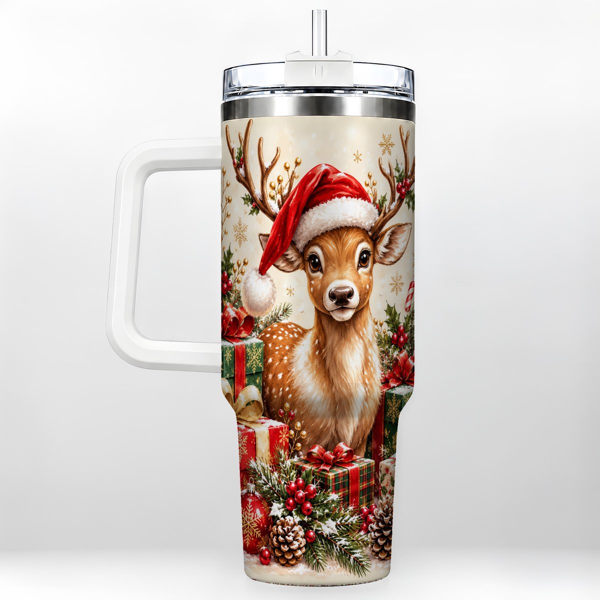 Christmas Fawn 40oz Tumbler with Handle, Festive Deer Design