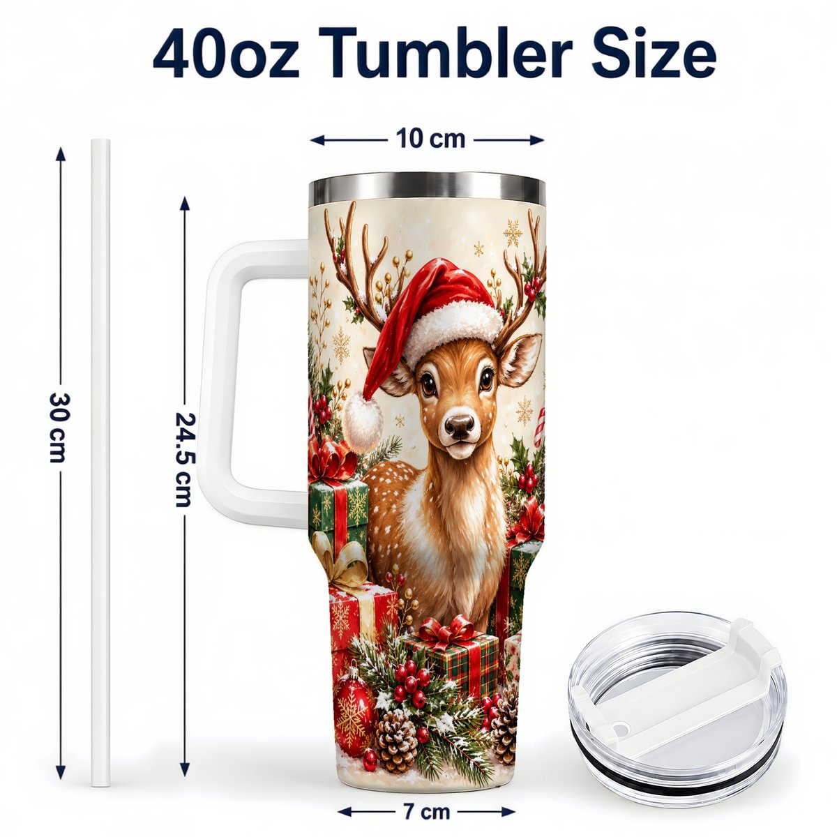 #pl[40oz|White] Christmas Fawn 40oz Tumbler with Handle, Festive Deer Design