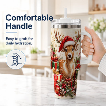 #pl[40oz|White] Christmas Fawn 40oz Tumbler with Handle, Festive Deer Design