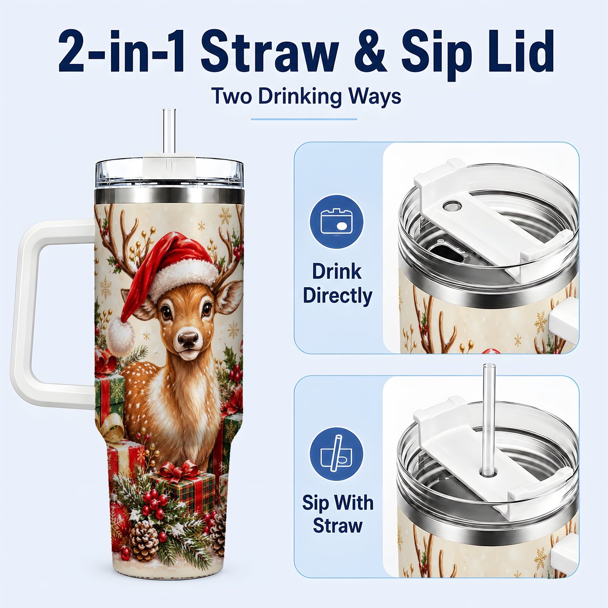 #pl[40oz|White] Christmas Fawn 40oz Tumbler with Handle, Festive Deer Design