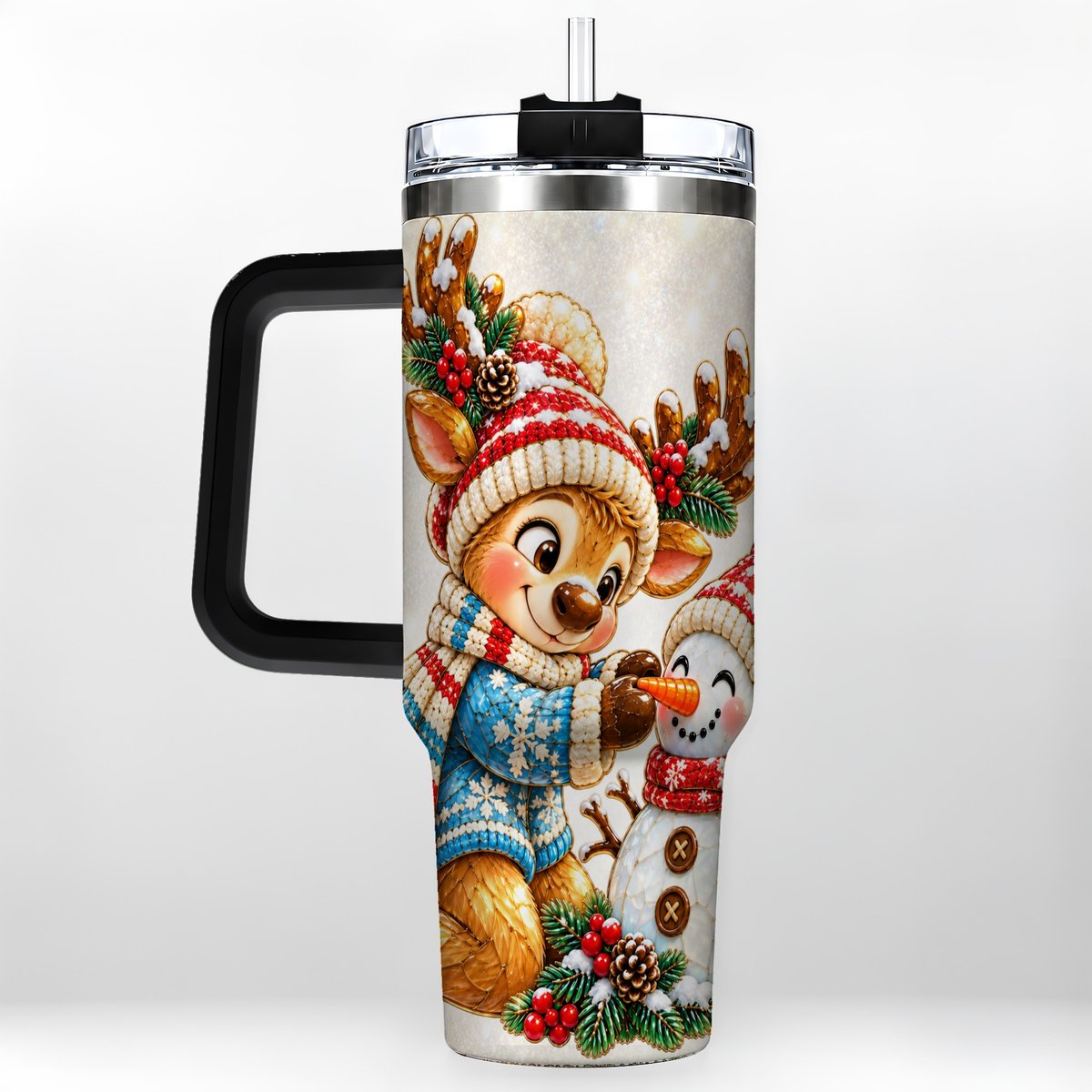 #pl[40oz|Black] Reindeer Snowman 40oz Tumbler with Handle, Festive Winter Artwork