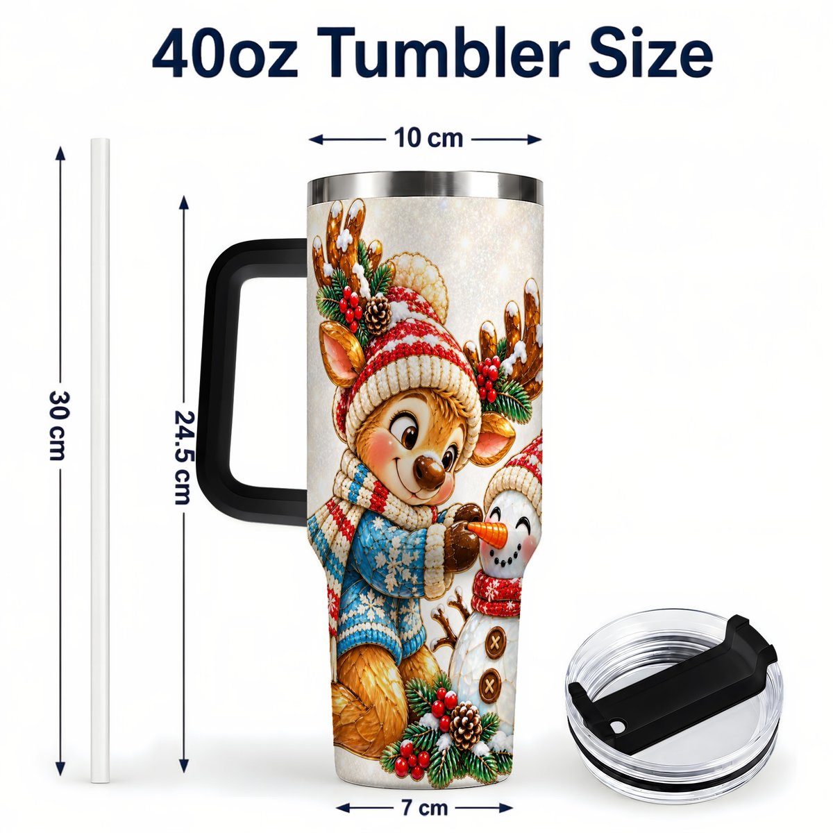 #pl[40oz|Black] Reindeer Snowman 40oz Tumbler with Handle, Festive Winter Artwork