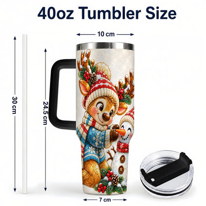 #pl[40oz|Black] Reindeer Snowman 40oz Tumbler with Handle, Festive Winter Artwork