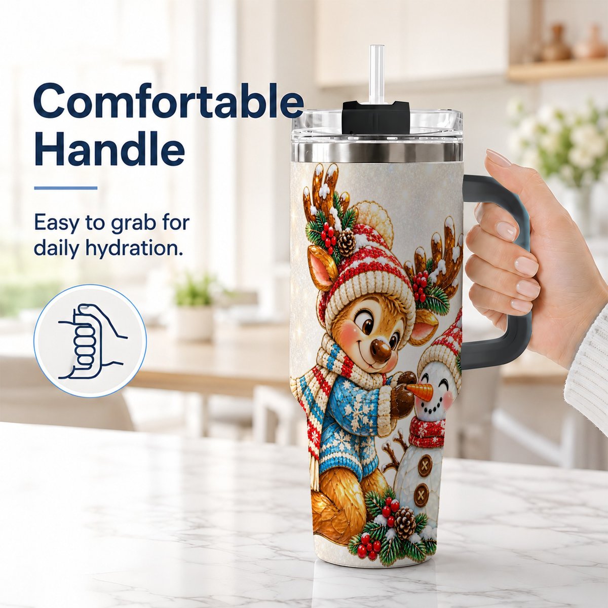 #pl[40oz|Black] Reindeer Snowman 40oz Tumbler with Handle, Festive Winter Artwork