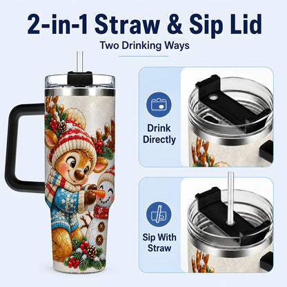 #pl[40oz|Black] Reindeer Snowman 40oz Tumbler with Handle, Festive Winter Artwork