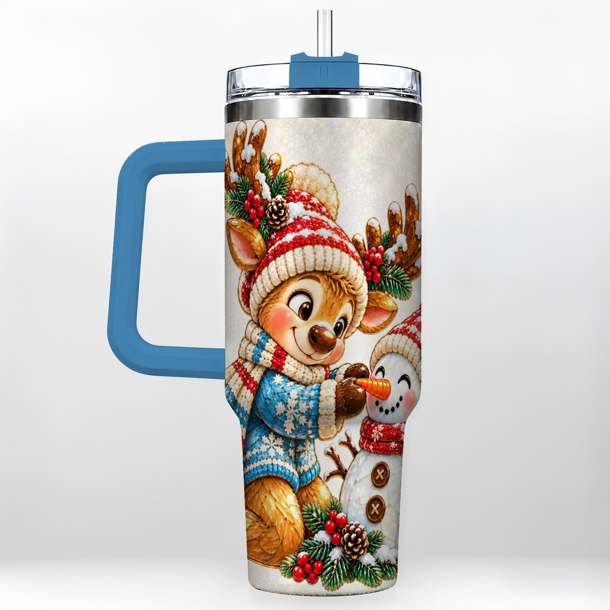 #pl[40oz|Blue] Reindeer Snowman 40oz Tumbler with Handle, Festive Winter Artwork