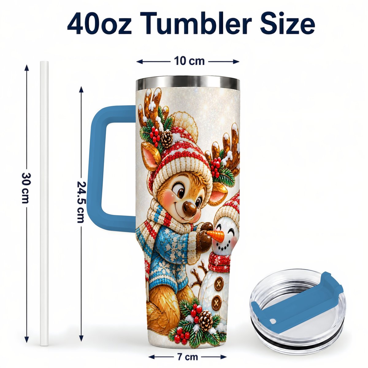 #pl[40oz|Blue] Reindeer Snowman 40oz Tumbler with Handle, Festive Winter Artwork