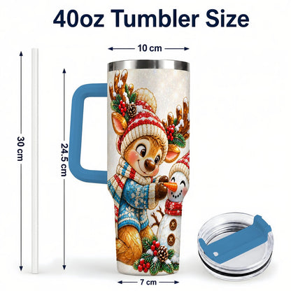 #pl[40oz|Blue] Reindeer Snowman 40oz Tumbler with Handle, Festive Winter Artwork