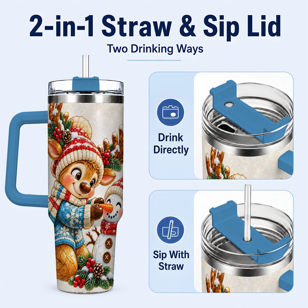 #pl[40oz|Blue] Reindeer Snowman 40oz Tumbler with Handle, Festive Winter Artwork