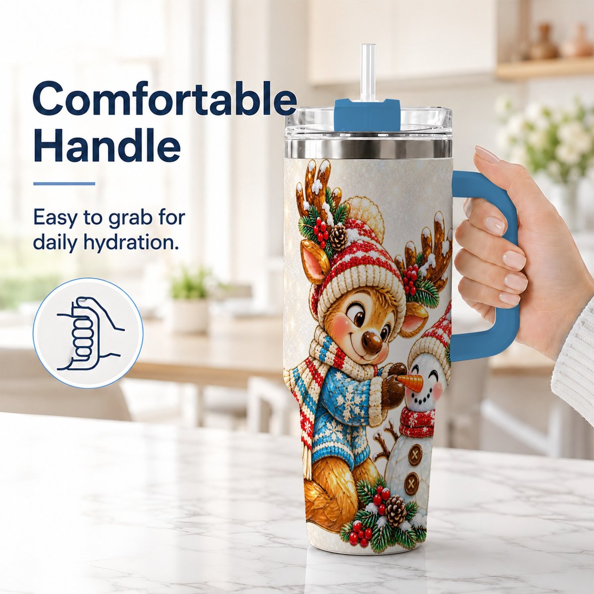 #pl[40oz|Blue] Reindeer Snowman 40oz Tumbler with Handle, Festive Winter Artwork