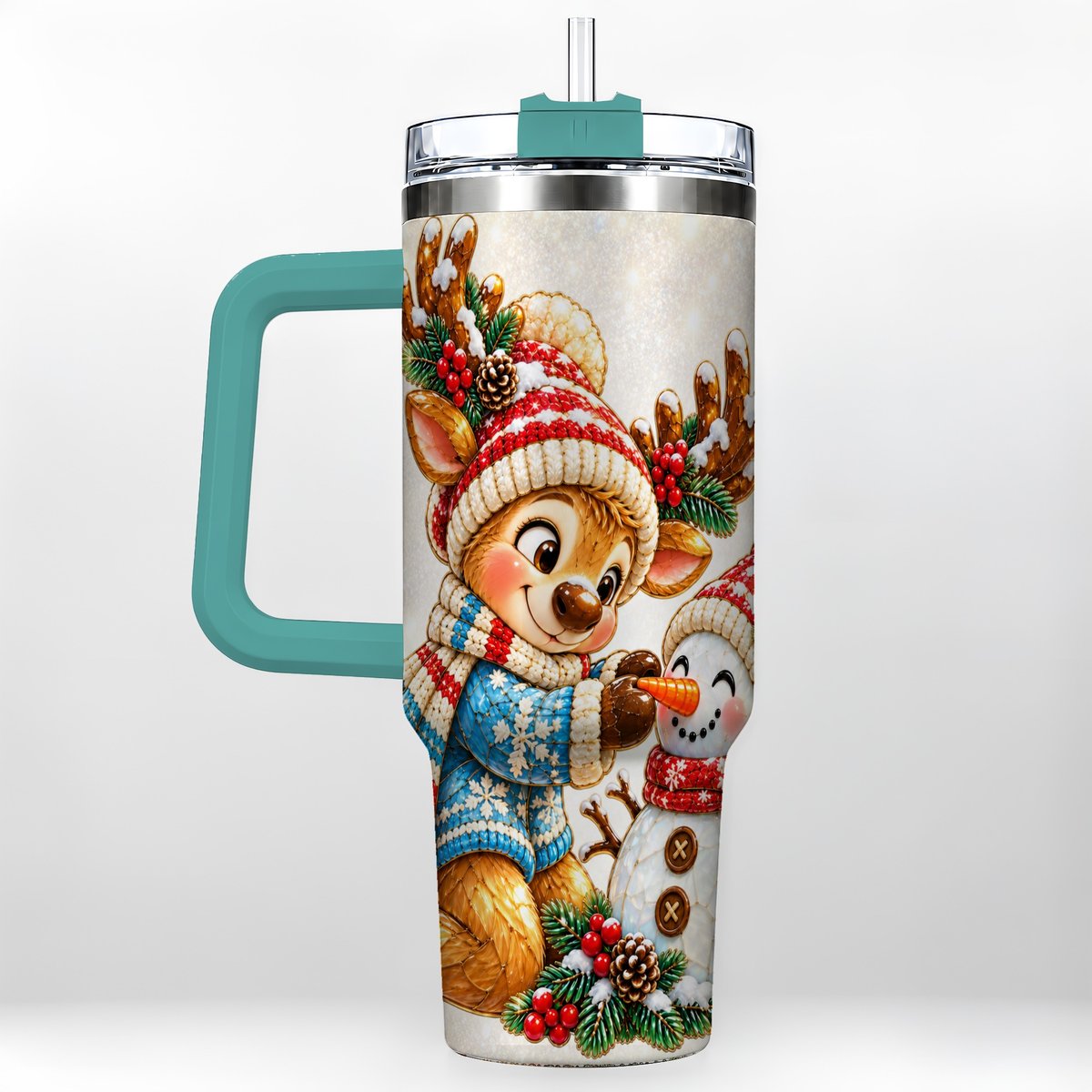 #pl[40oz|Green] Reindeer Snowman 40oz Tumbler with Handle, Festive Winter Artwork
