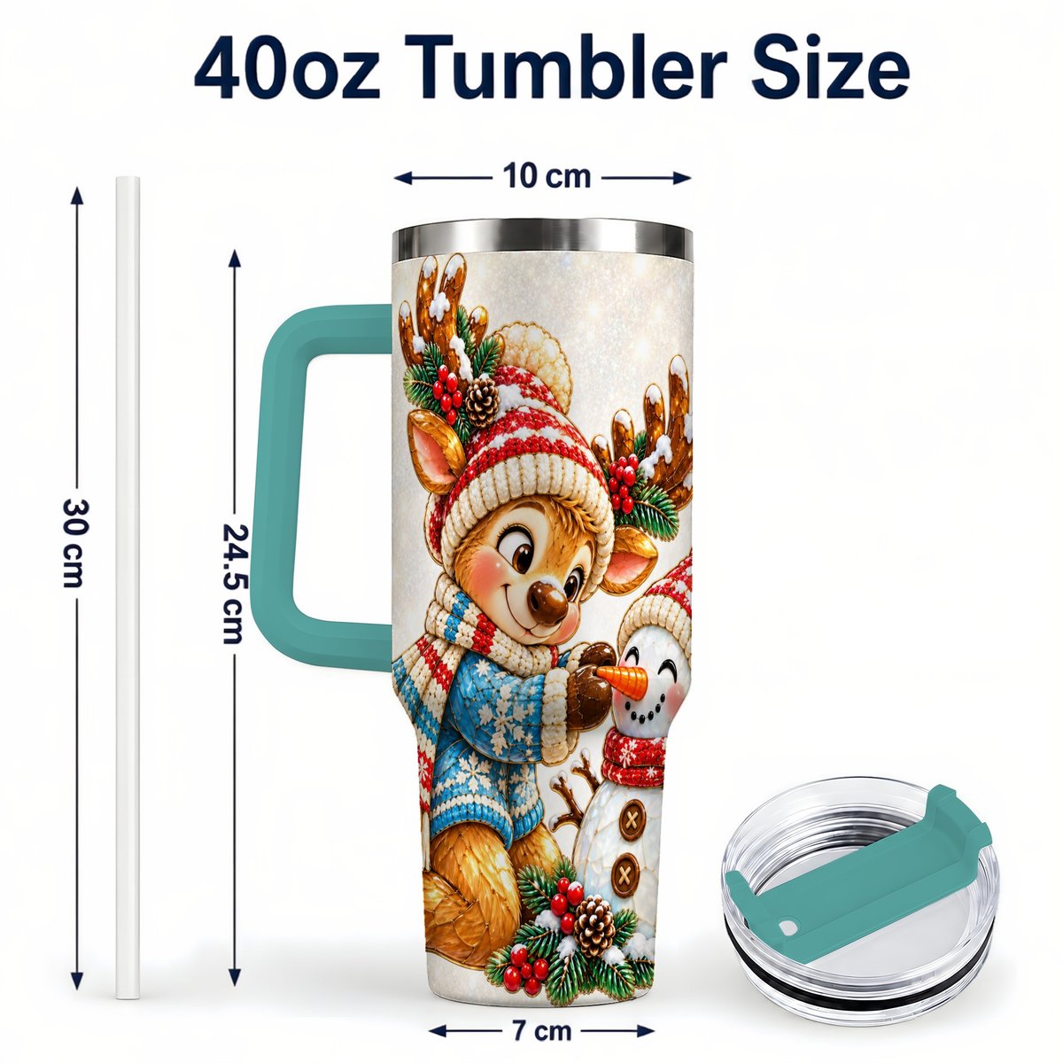 #pl[40oz|Green] Reindeer Snowman 40oz Tumbler with Handle, Festive Winter Artwork
