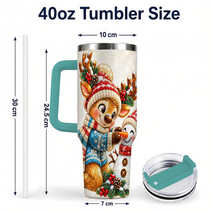 #pl[40oz|Green] Reindeer Snowman 40oz Tumbler with Handle, Festive Winter Artwork