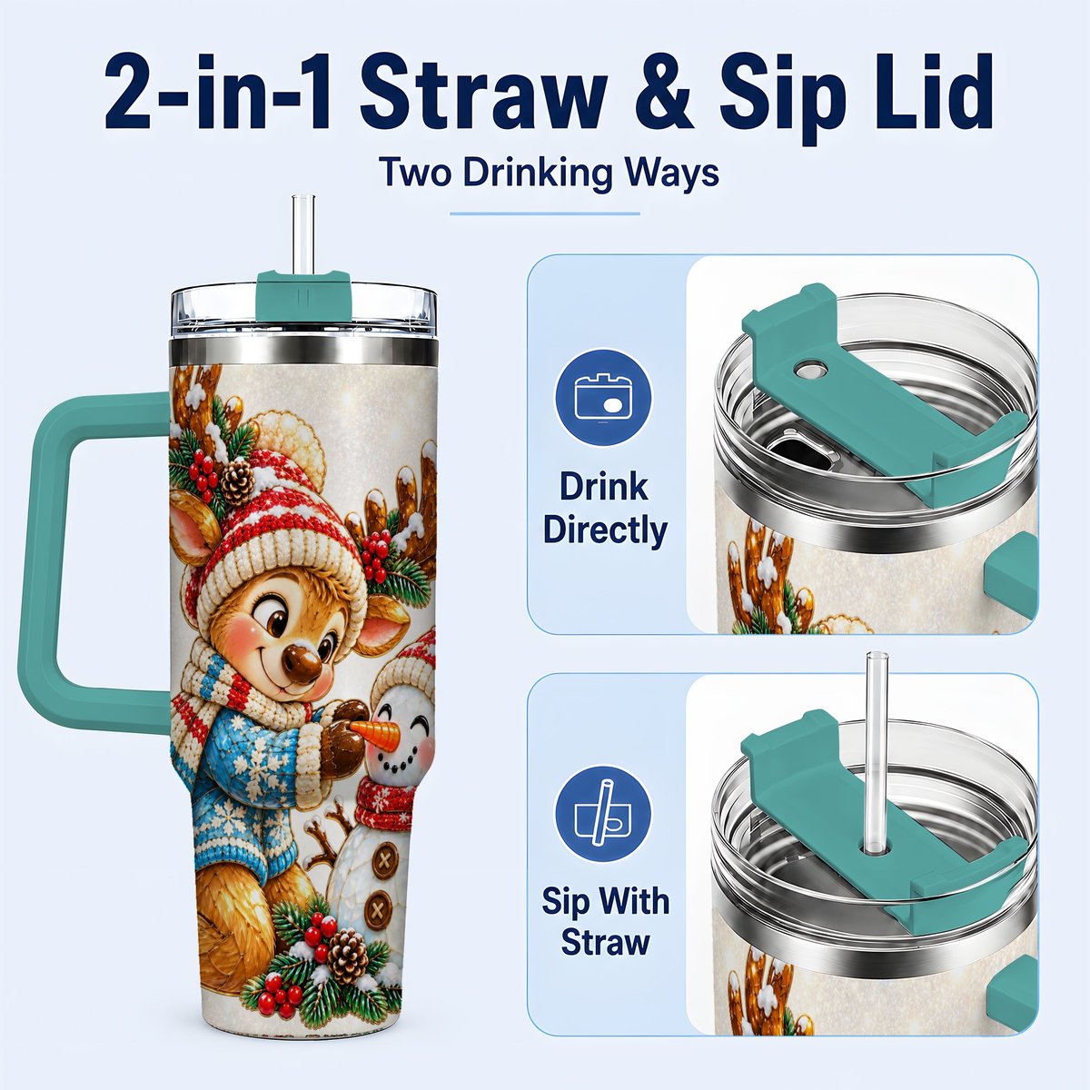 #pl[40oz|Green] Reindeer Snowman 40oz Tumbler with Handle, Festive Winter Artwork