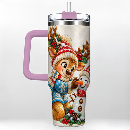 #pl[40oz|Pink] Reindeer Snowman 40oz Tumbler with Handle, Festive Winter Artwork