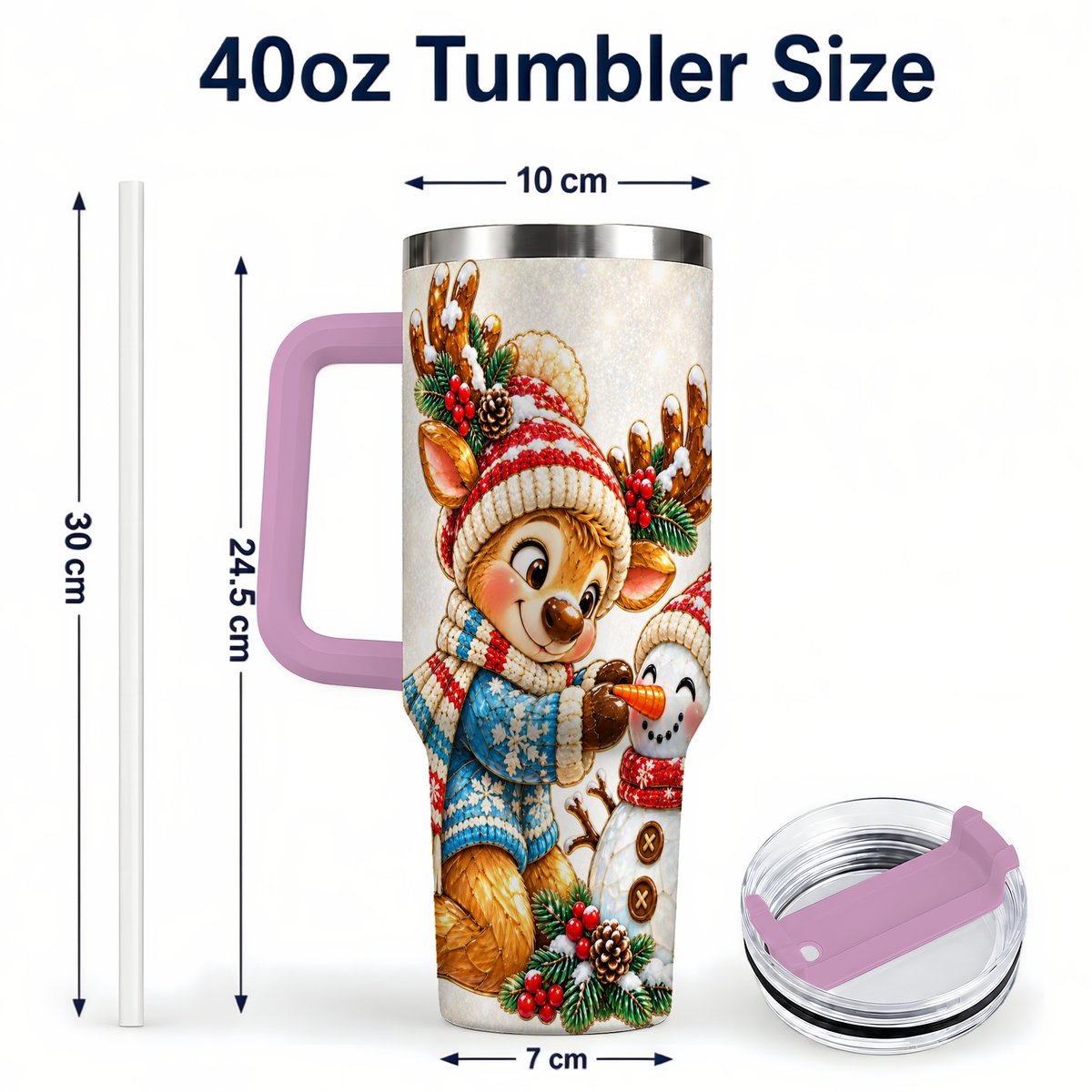 #pl[40oz|Pink] Reindeer Snowman 40oz Tumbler with Handle, Festive Winter Artwork