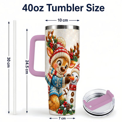#pl[40oz|Pink] Reindeer Snowman 40oz Tumbler with Handle, Festive Winter Artwork