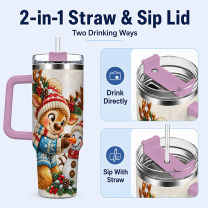 #pl[40oz|Pink] Reindeer Snowman 40oz Tumbler with Handle, Festive Winter Artwork