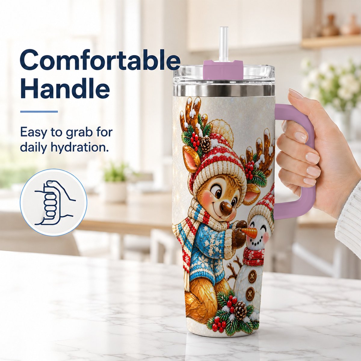 #pl[40oz|Pink] Reindeer Snowman 40oz Tumbler with Handle, Festive Winter Artwork