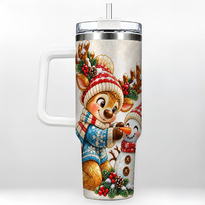 Reindeer Snowman 40oz Tumbler with Handle, Festive Winter Artwork
