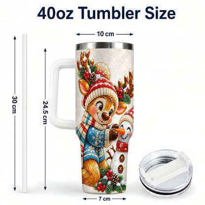 #pl[40oz|White] Reindeer Snowman 40oz Tumbler with Handle, Festive Winter Artwork