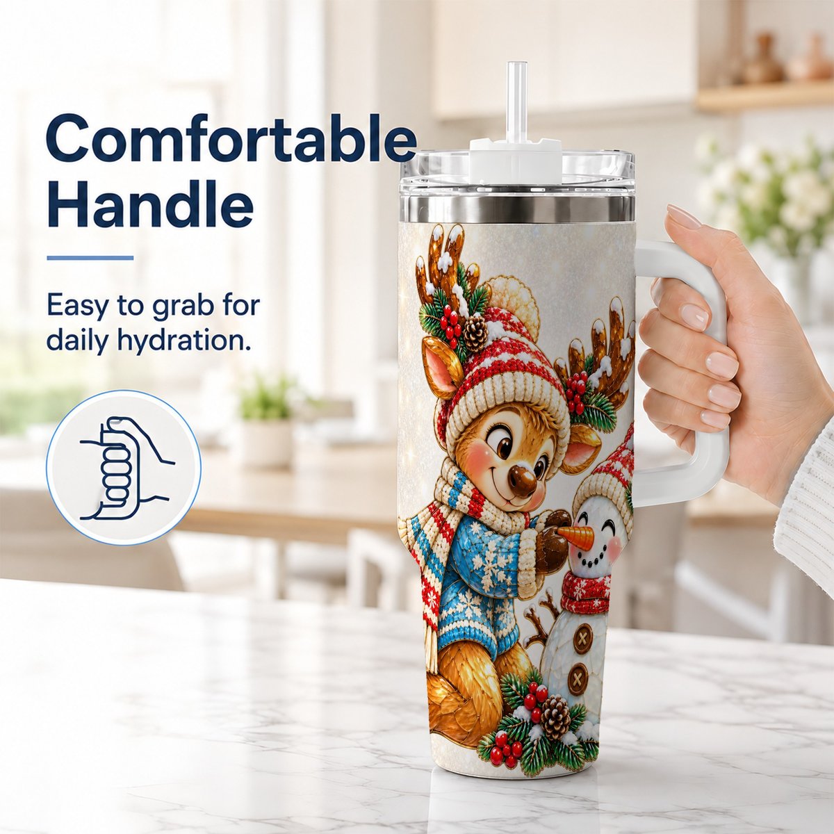 #pl[40oz|White] Reindeer Snowman 40oz Tumbler with Handle, Festive Winter Artwork