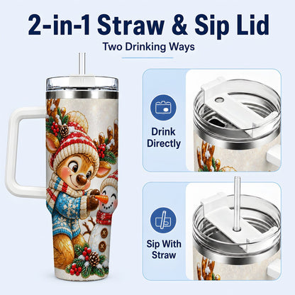 #pl[40oz|White] Reindeer Snowman 40oz Tumbler with Handle, Festive Winter Artwork