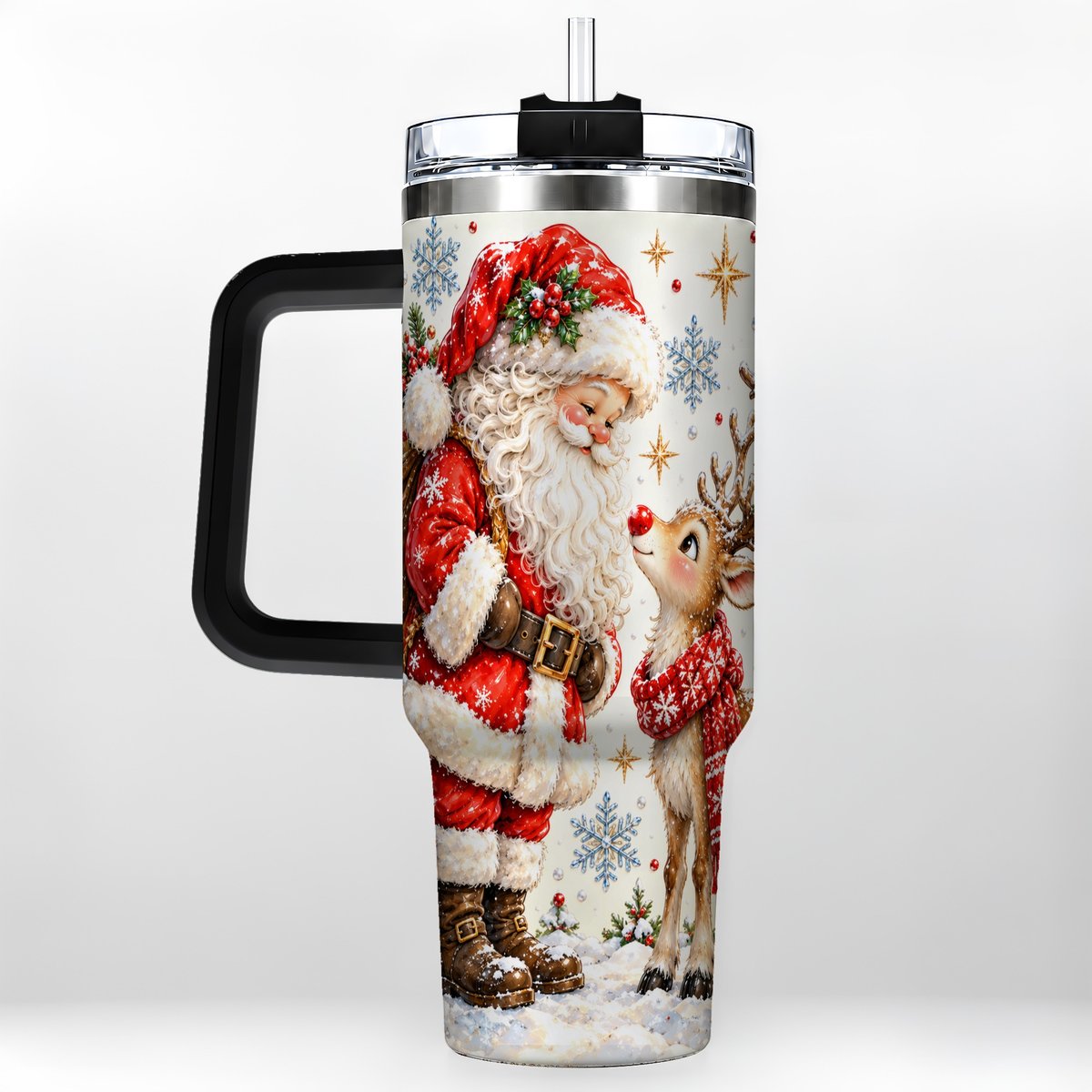 #pl[40oz|Black] Santa Reindeer 40oz Tumbler with Handle, Christmas Snowflake Art