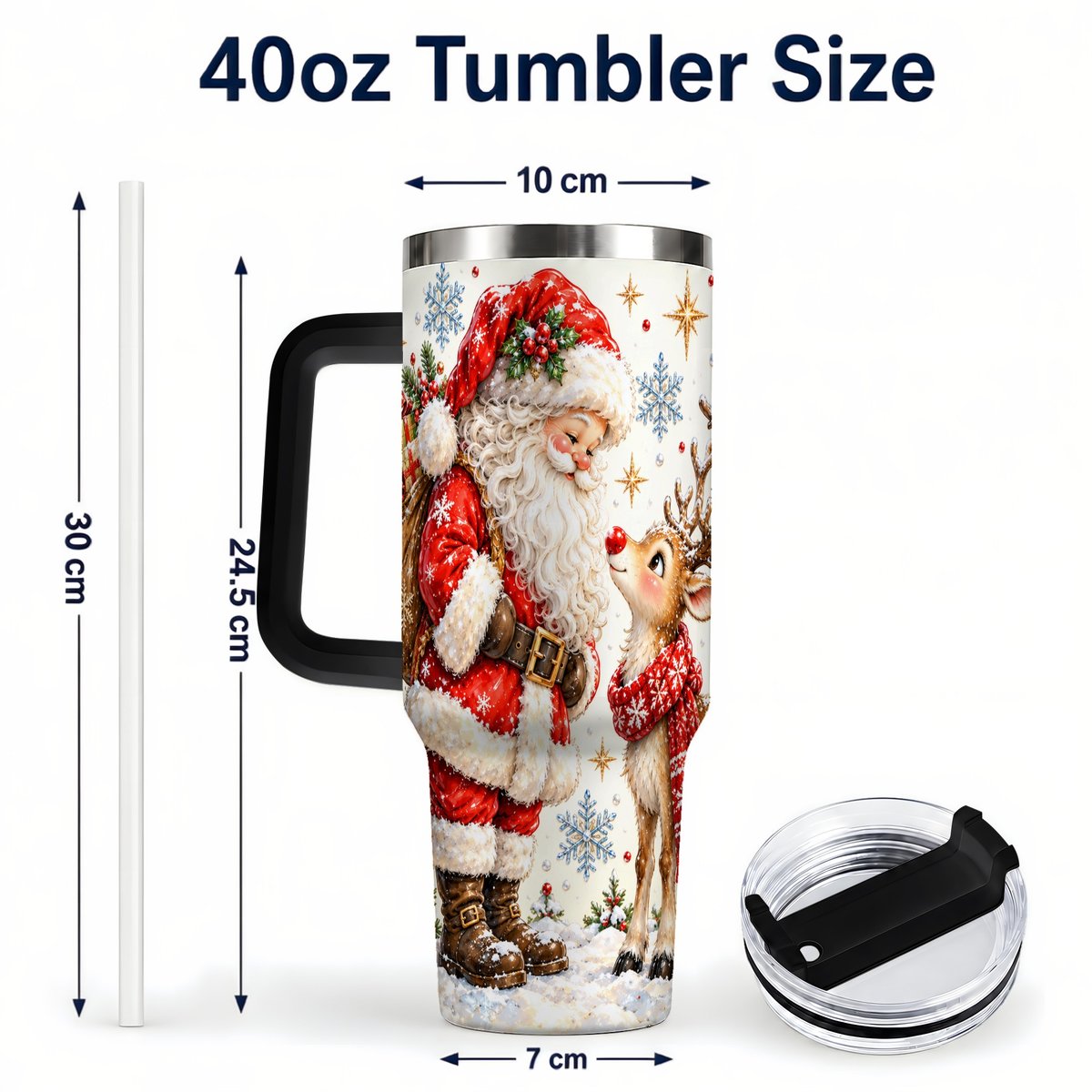 #pl[40oz|Black] Santa Reindeer 40oz Tumbler with Handle, Christmas Snowflake Art
