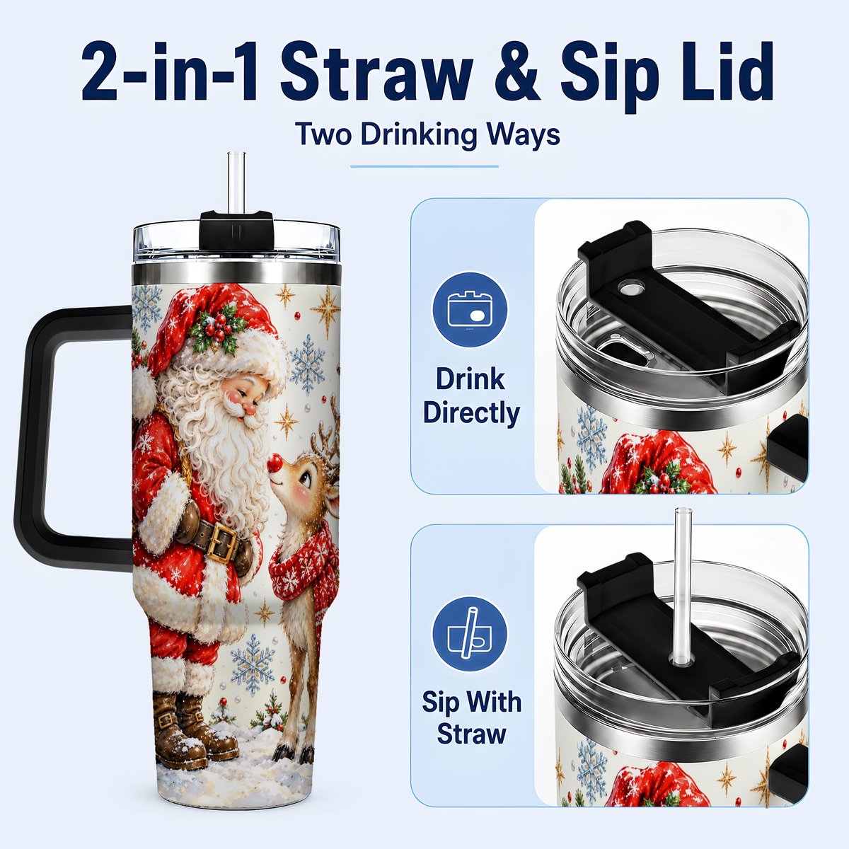 #pl[40oz|Black] Santa Reindeer 40oz Tumbler with Handle, Christmas Snowflake Art