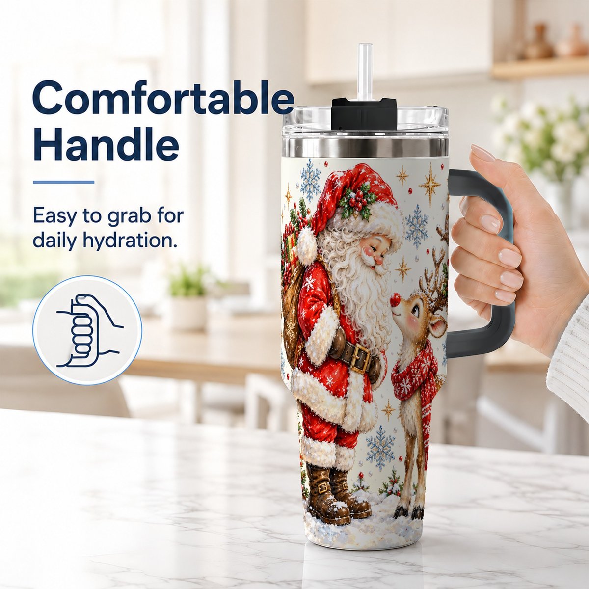 #pl[40oz|Black] Santa Reindeer 40oz Tumbler with Handle, Christmas Snowflake Art