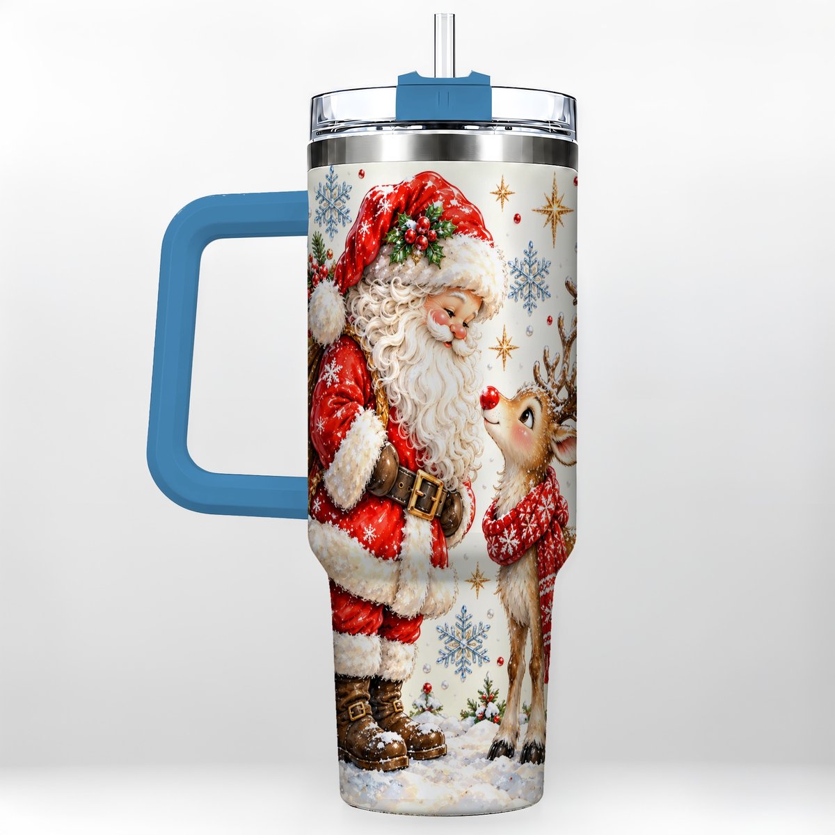#pl[40oz|Blue] Santa Reindeer 40oz Tumbler with Handle, Christmas Snowflake Art