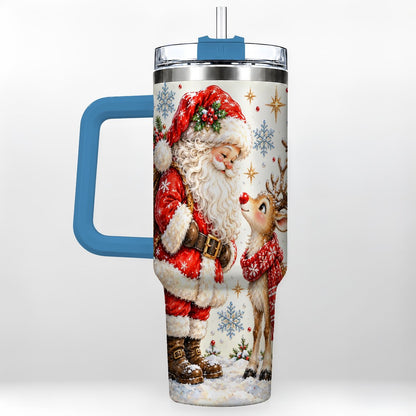 #pl[40oz|Blue] Santa Reindeer 40oz Tumbler with Handle, Christmas Snowflake Art