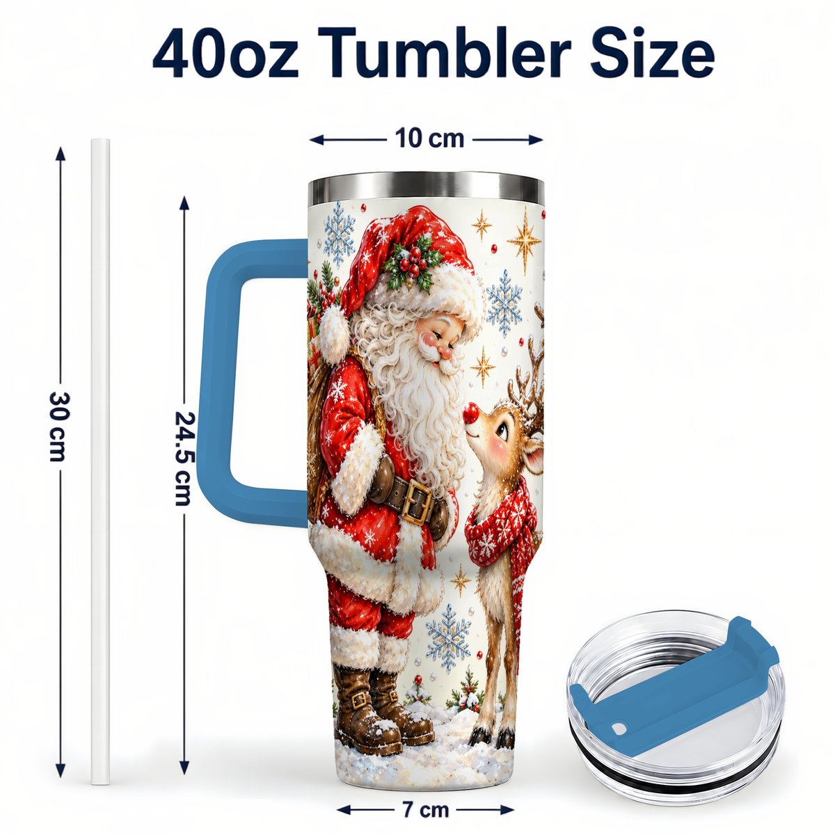 #pl[40oz|Blue] Santa Reindeer 40oz Tumbler with Handle, Christmas Snowflake Art