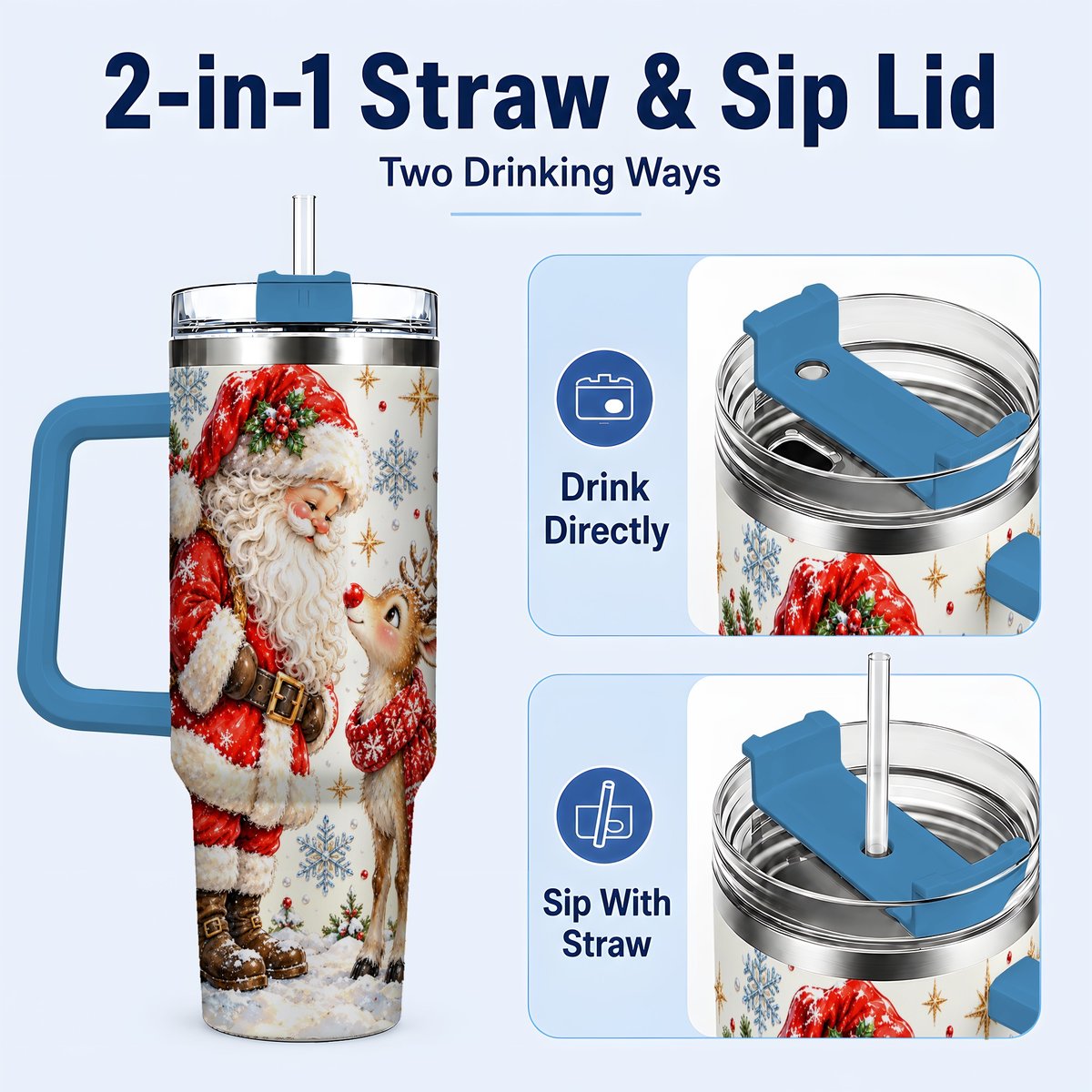 #pl[40oz|Blue] Santa Reindeer 40oz Tumbler with Handle, Christmas Snowflake Art