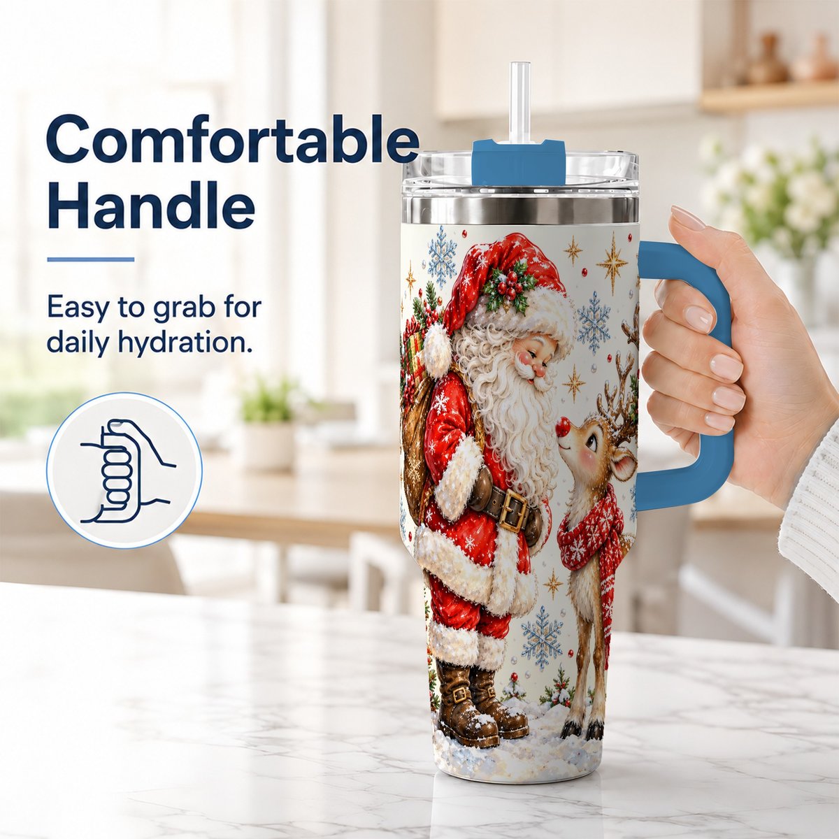 #pl[40oz|Blue] Santa Reindeer 40oz Tumbler with Handle, Christmas Snowflake Art