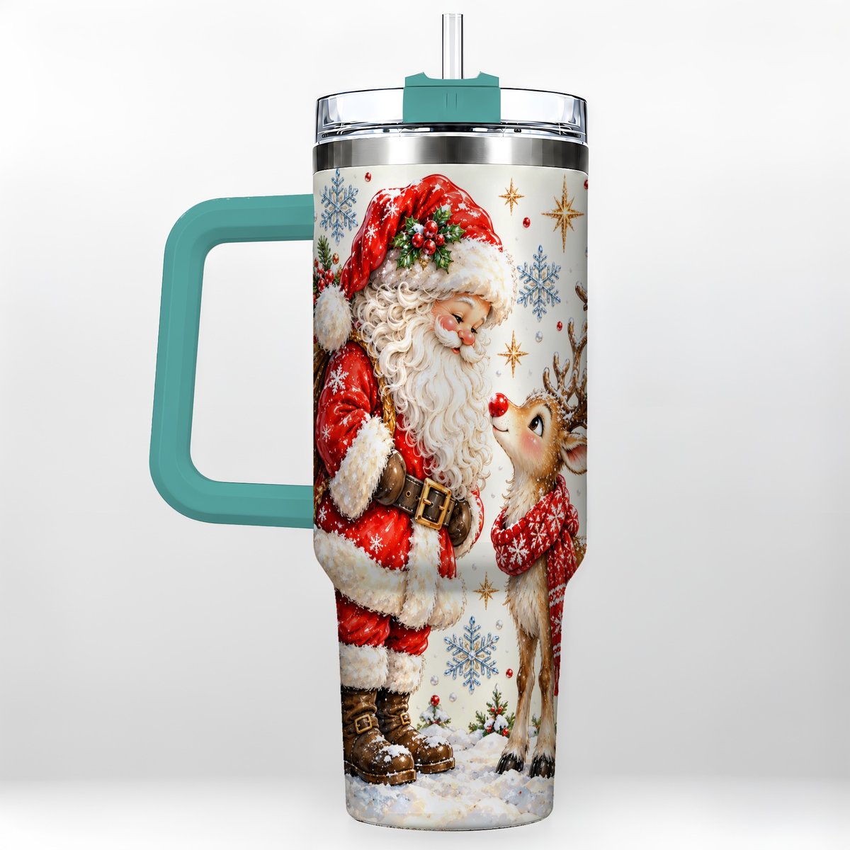 #pl[40oz|Green] Santa Reindeer 40oz Tumbler with Handle, Christmas Snowflake Art