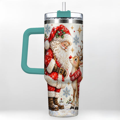 #pl[40oz|Green] Santa Reindeer 40oz Tumbler with Handle, Christmas Snowflake Art