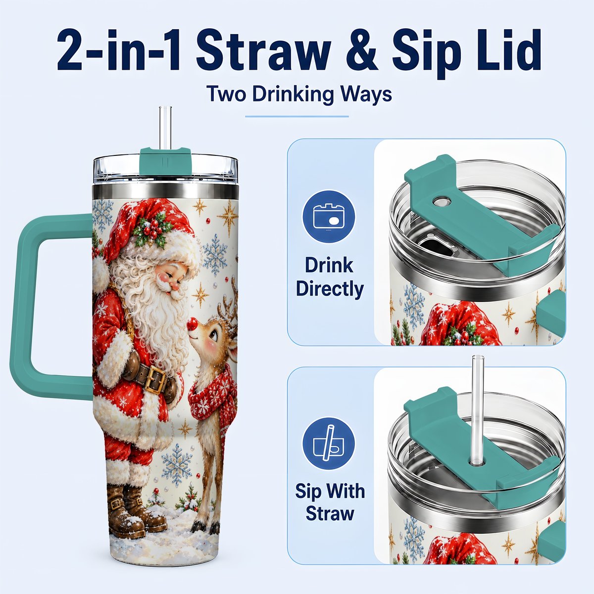 #pl[40oz|Green] Santa Reindeer 40oz Tumbler with Handle, Christmas Snowflake Art