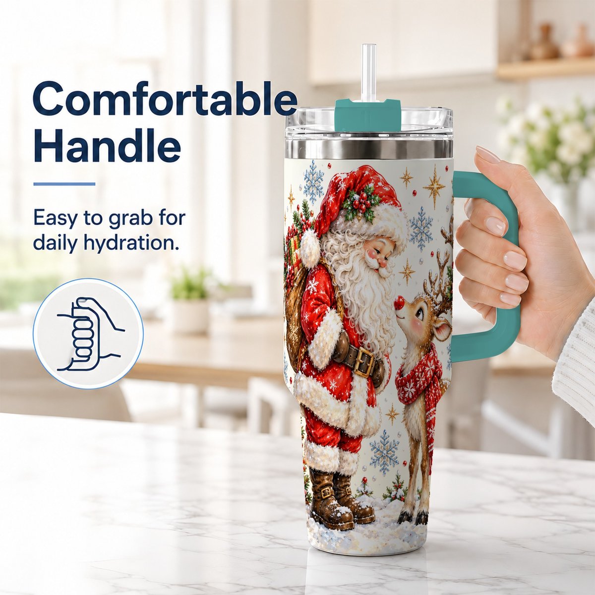 #pl[40oz|Green] Santa Reindeer 40oz Tumbler with Handle, Christmas Snowflake Art
