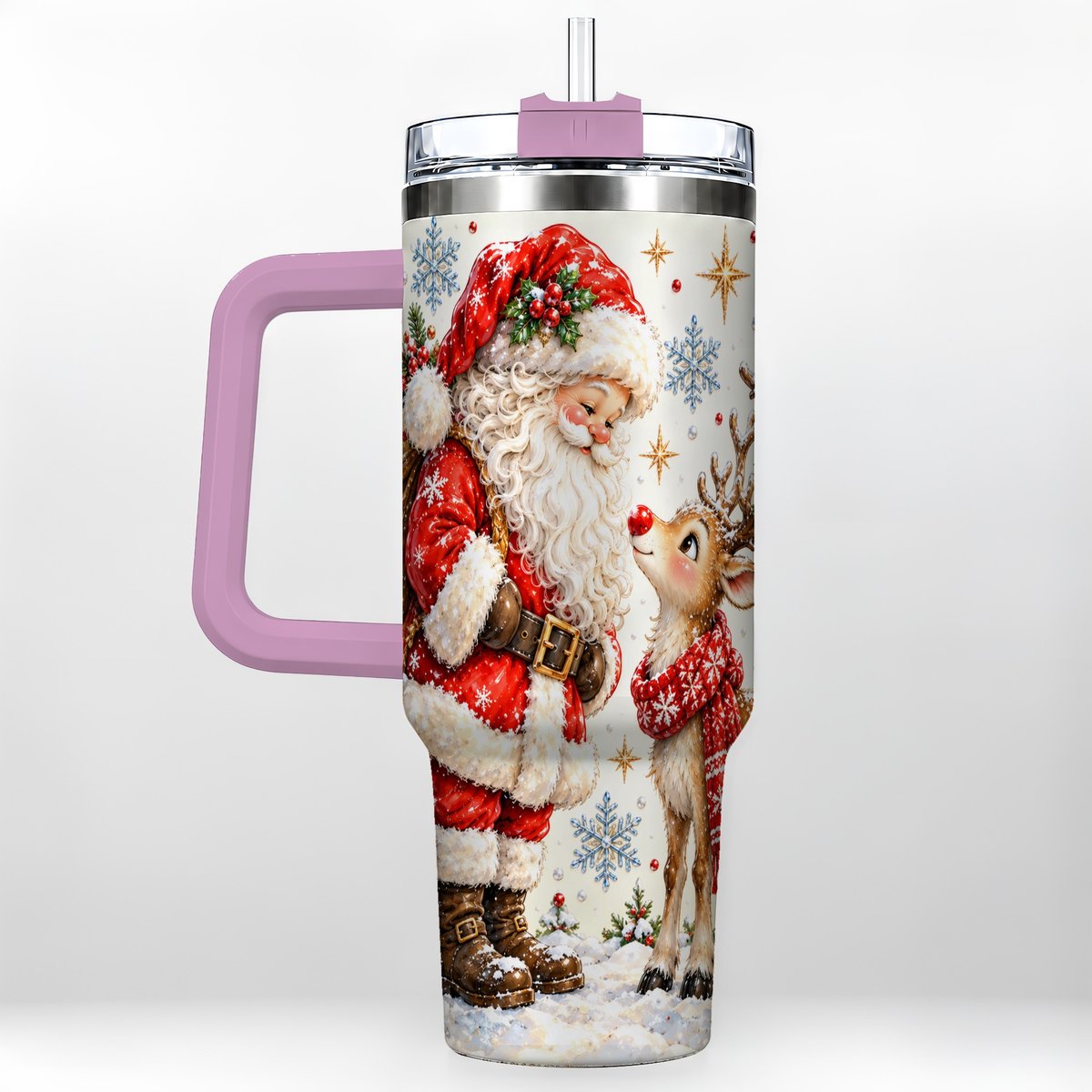 #pl[40oz|Pink] Santa Reindeer 40oz Tumbler with Handle, Christmas Snowflake Art